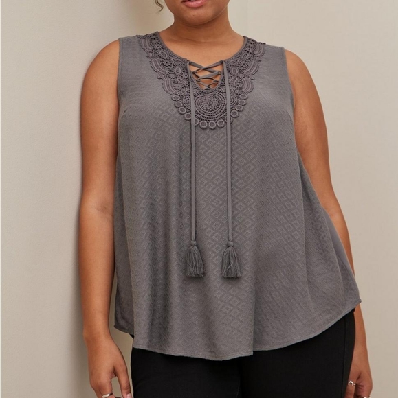 Torrid Textured Lace Trim Lace Up Sleeveless Grey Top - Picture 1 of 9